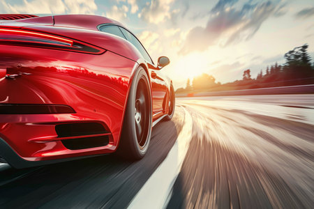 Red business car speeding on highway turn on sunny day with motion speed, digital aiの写真素材