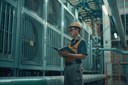 Industrial engineer checking water cooled chiller hvac system for air conditioning in large buildingのeditorial素材