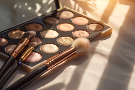 Softly illuminated makeup palette and brushes with banner space for text or design, beauty conceptの写真素材