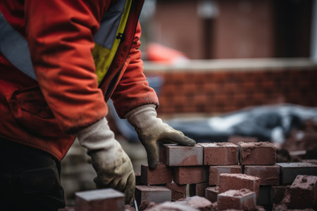 Skilled construction worker building a sturdy red brick wall using trowel and brickの写真素材