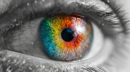 An intense macro shot capturing a luminous eye with a multicolored iris resembling a rainbow, framed by intricately detailed lashes and soft lighting.の写真素材