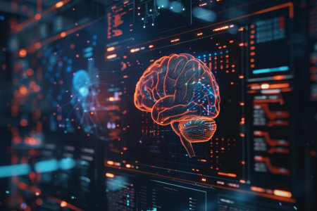 Advancements in brain computer interface holographic brain scan surrounded by data visualizations