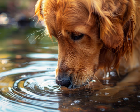High quality close up image of a golden retriever dog drinking water in a detailed shotの写真素材
