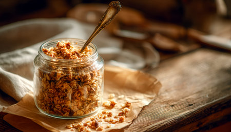 Crunchy homemade granola in a glass jar, paired with a silver spoon, set on a weathered wooden surface evoking cozy, rustic mornings.の写真素材