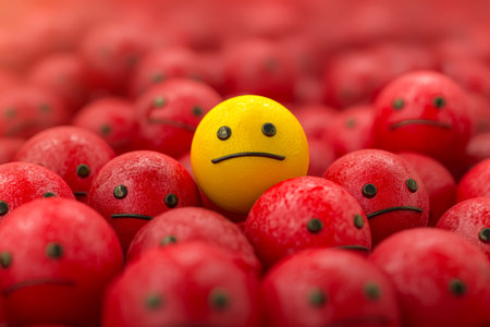 A bright yellow lemon with downturned eyes and mouth appears forlorn amidst crimson lemons with matching sorrowful expressions, creating a whimsical,の写真素材