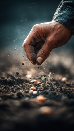 A hand gently places tiny seeds into rich earth, while a butterfly fluttering close signals harmony with nature and growth potential.の写真素材
