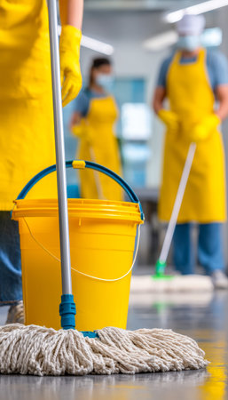 Sanitization team in safety suits scrubbing the floor with a mop and cleaning solution in a busy...