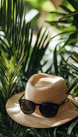 A wide-brimmed straw hat paired with stylish sunglasses lies amid vibrant jungle foliage, evoking relaxation and tropical escape vibes.の写真素材