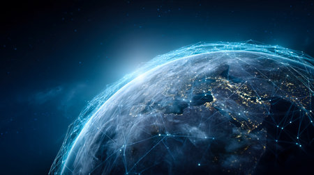 A luminous digital representation of the world showcases interconnected lines and glowing points...