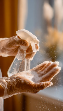 An individual sprays disinfectant onto their hands, emphasizing hygiene and sanitation during cleaning, captured in a well-lit, professional setting.の写真素材