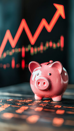 A cheerful pink piggy bank sits in the foreground, with an upward-trending financial chart illuminating a promising economic growth in the background.の写真素材