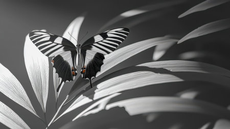 Delicate monochrome scene capturing a solitary butterfly perched on a leaf amidst shadowy garden foliage, evoking tranquility and timeless elegance.の写真素材