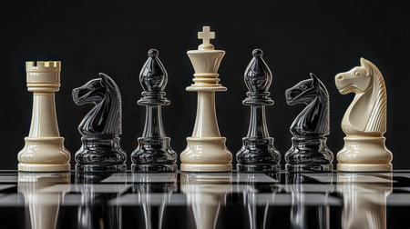 Elegant transparent chess pawns and kings sit atop a glossy surface, creating a dramatic contrast against a deep, shadowed backdrop.の写真素材