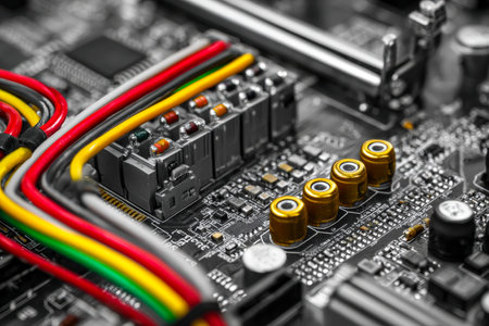 An intricate array of vibrant wires and gleaming gold components highlights the complex circuitry and advanced technology of a modern computer?s core.の写真素材