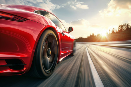 Red business car speeding on high-speed highway in sunny day, super car rushing with motion speedの写真素材