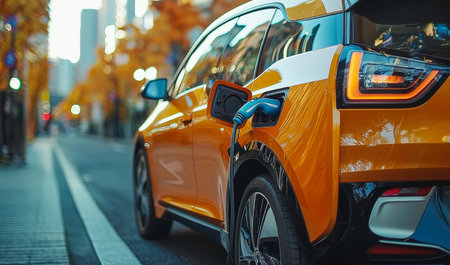 A vibrant orange ev is plugged into a sleek charging station amid urban scenery, with fall foliage...
