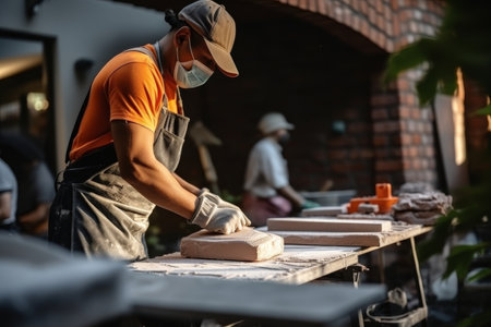 Skilled worker using trowel on brick wall construction project with cement and mortarの写真素材
