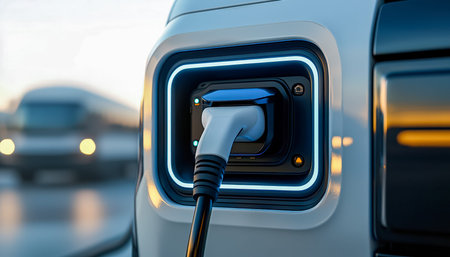 A detailed view of a sleek electric vehicle port with a connected charging cable, capturing the...