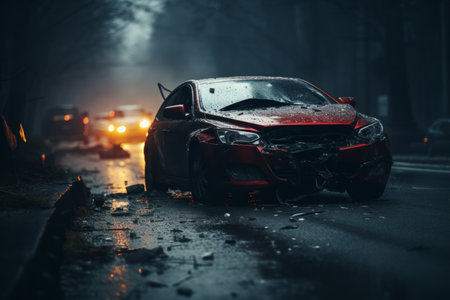 Suv in dangerous collision with another vehicle on road, copy space for text placementの写真素材