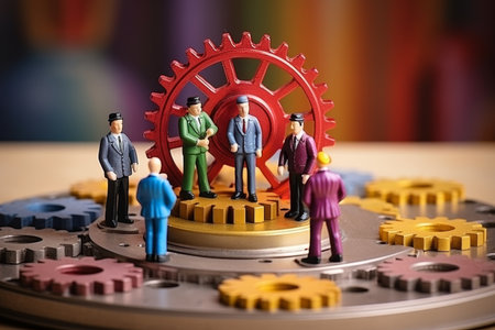 A team of businessmen assembles a multi-colored business puzzle, the details of which depict industrial enterprisesの写真素材