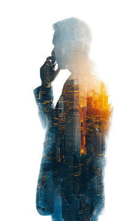A pensive executive's silhouette harmonizes with a vibrant city skyline at dusk, conveying visionary...