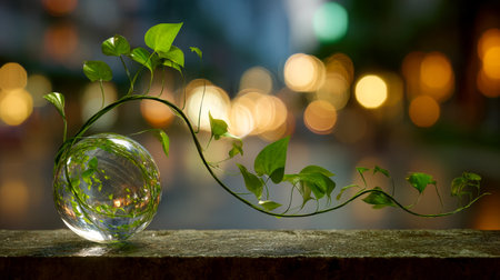 A transparent glass sphere cradle a delicate vine, set against a luminous cityscape blurred in the...