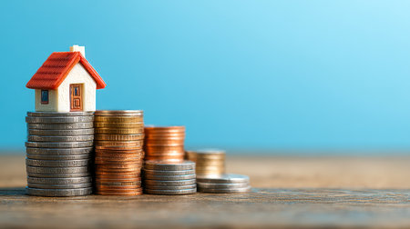 A tiny house perched atop a tower of coins symbolizes the potential for property market expansion and the importance of strategic investment growth.の写真素材