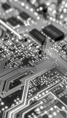 Fine details of a green circuit plate featuring microchips, resistors, and tiny connections,...