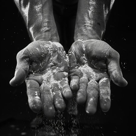 Weightlifter s chalked hands signify focus and preparation for the summer olympic gamesの写真素材