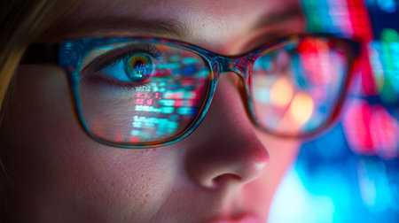 A vibrant individual sports rainbow-hued eyewear, with intricate digital code patterns mirrored on...