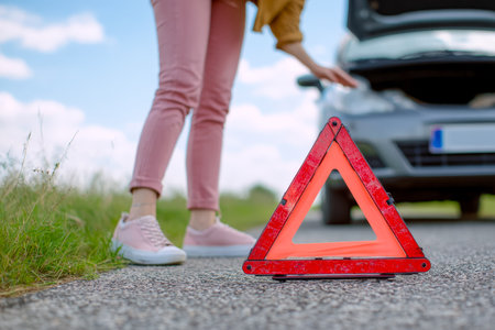 A woman in casual attire replaces her car's tire on a roadside, with a reflective warning triangle placed ahead to ensure safety and alert passing driの写真素材