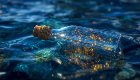 A luminous missive resides inside a clear glass vessel gently drifting on calm water, evoking...
