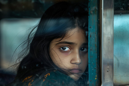 Solitary young woman looking out window of moving train with a gaze full of sadnessの写真素材