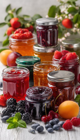 Colorful homemade berry preserves in small jars, nestled among fresh berries, leafy sprigs, and ripe fruits on textured wooden backdrop.の写真素材