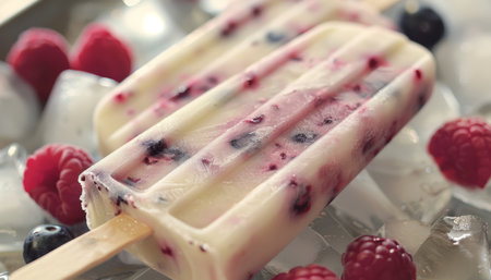 Berry yogurt frozen fruit popsicles on a stick refreshing sweet treats with delightful berriesの写真素材