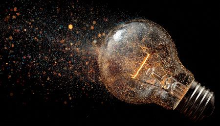 A radiant filament bulb emits a warm glow, with sparks and tiny particles scattering into darkness, evoking innovation and energetic inspirationの写真素材