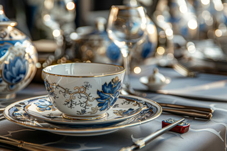 Exquisite table setting with Chinese dinnerware in a high end luxury fashion restaurantの写真素材