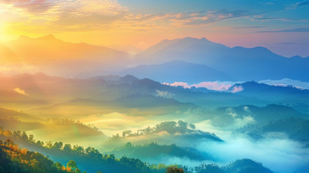 Chiangdao mountain range sunrise in chiangmai, thailand with layers of mountains in morning lightの写真素材