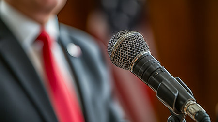 Focus on a professional speaker's attire and the microphone, capturing the tense, confident mood of an important presentation or political address.の写真素材