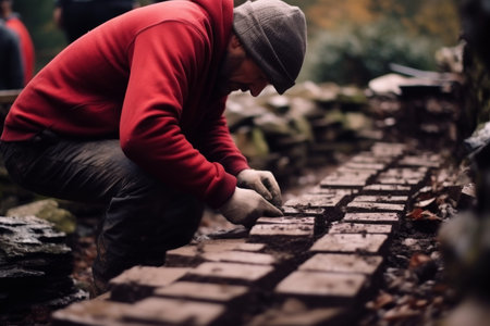 Skilled builder using trowel and brick to construct a red brick wall, construction worker on siteの写真素材