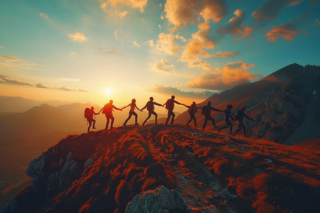 Team of people helping each other reach mountain top at sunset in beautiful panoramic landscape view