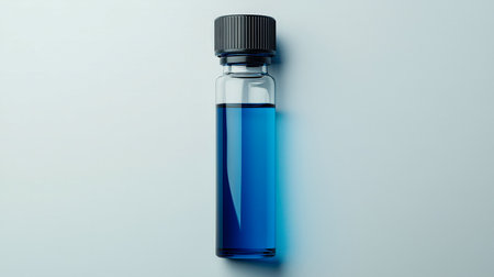 An elegant tiny glass container holds vibrant blue fluid, set against a soft, light backdrop, evoking a sense of scientific precision and purity.の写真素材