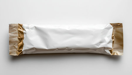 A neatly wrapped snack bar rests on a smooth, neutral surface, evoking simplicity and convenience...