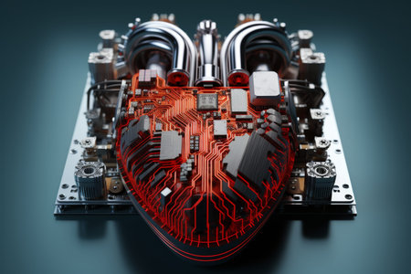 Cybernetic fusion of human heart in vibrant tech world creating digital masterpieceの写真素材