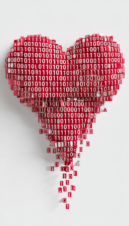A digital 3d heart crafted from vibrant red binary blocks, symbolizing love and technology intertwined against a clean white background.の写真素材