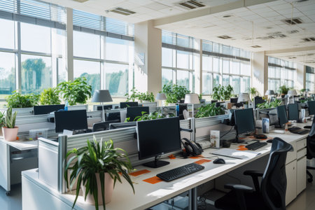 Contemporary interior design of a modern office building with stylish decor and functional spacesの写真素材