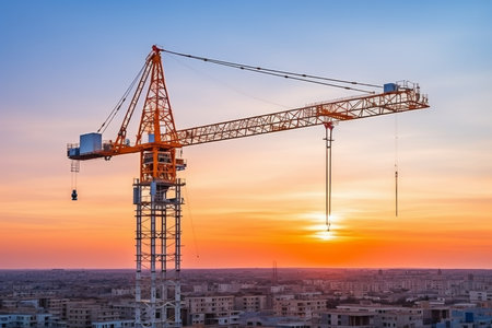 Building construction in progress. construction crane erecting an unfinished tall structureの写真素材