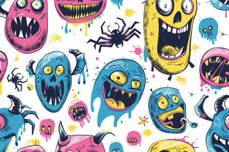 Halloween cartoon zombies on white with pink, blue, yellow colors for horror designの写真素材
