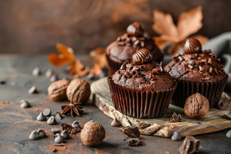 Homemade chocolate muffins displayed on vintage background in high quality photoの写真素材