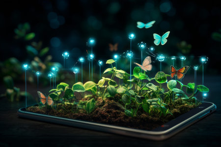 Smartphone with social media icons growing into a digital forest, seamless connectivity concept